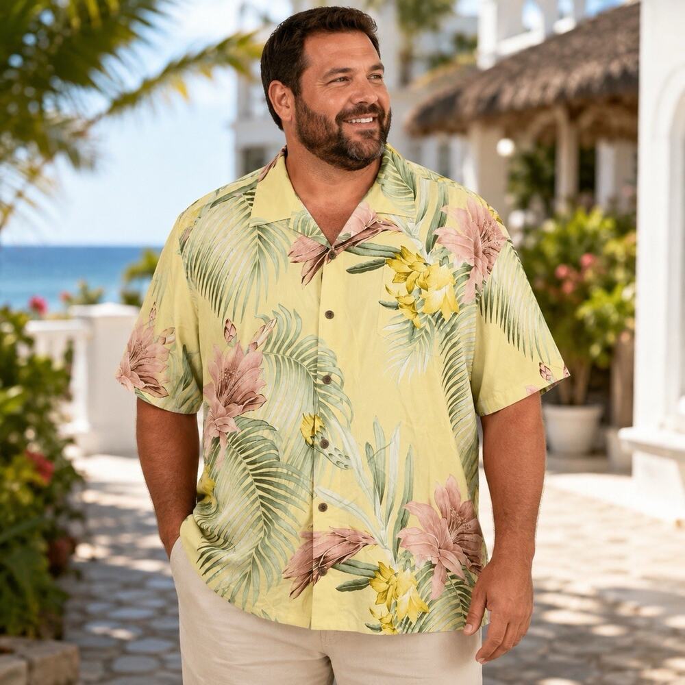 Tommy Bahama Silk Hawaiian Shirt Mens 2XL Tall Yellow Pink Floral Tropical Camp